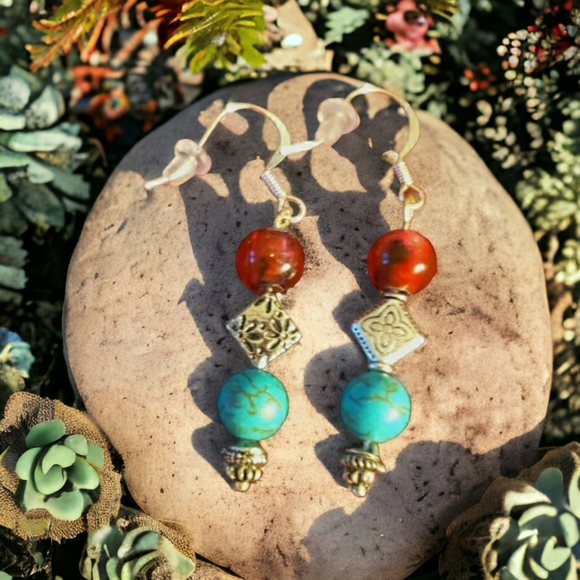 Artisan Deep Orange, Turquoise, and Silver Hand Crafted Beaded Dangle Ea… - Picture 6 of 6